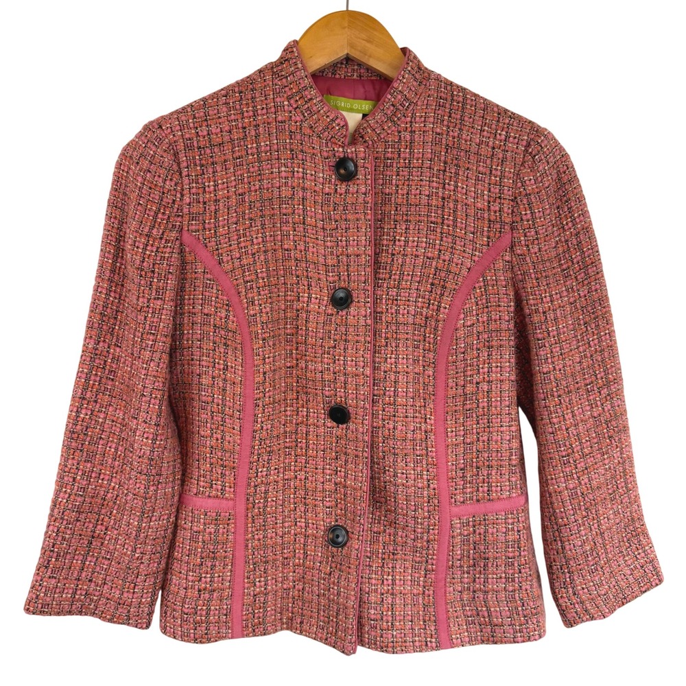 Sigrid Olsen Tweed Blazer Jacket Pink Wool Blend Ribbon Trim Light Academia 2